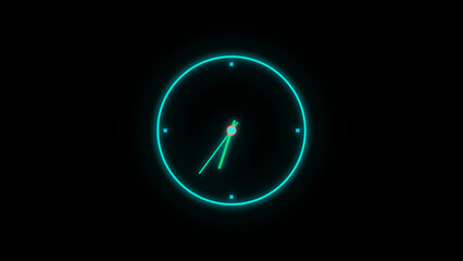 A glowing neon-style analog clock illustration in  set against a solid black background. 