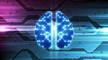 Abstract Artificial intelligence concept. Vector illustration of brain with glowing lights.