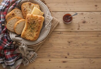 Fototapeta premium Rustic Breads, Cheese, and Jam: A Warm, Cozy Food Photography