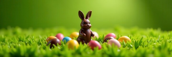 Green grass circle of chocolate eggs surrounds chocolate bunny , festival, easter eggs