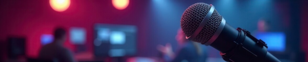 Sleek microphone in broadcast studio ready for show , vintage, recording