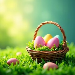 Vibrant Easter eggs & baskets nestled in spring grass , background, celebration, illustration