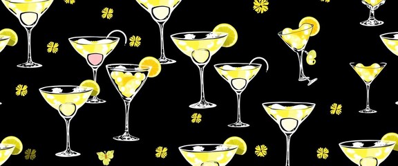 Seamless vector pattern of hand-drawn margarita and martini cocktail silhouettes, pattern, element
