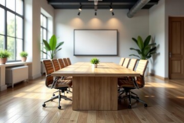 Bright open-plan office, wooden conference table, blurred background, large windows, bokeh, business