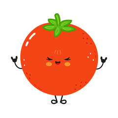 Charming cartoon tomato with arms up in a rock and roll sign against a clean, white background.