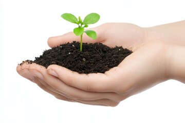 Hands holding soil with a young plant sprouting, symbolizing growth and nurturing nature