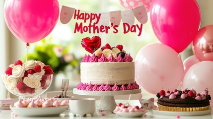 A close-up of a festive party setup, featuring a "Happy Mother's Day" banner, balloons, and a delicious cake