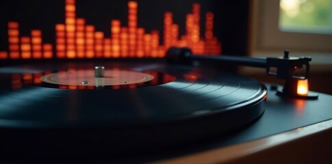 Vintage record player with graphic equalizer showing audio waves , frequency, waveform