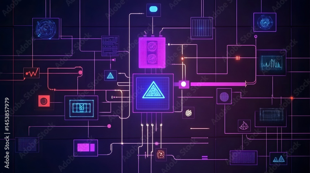 Poster intricate network of digital circuits and data streams.