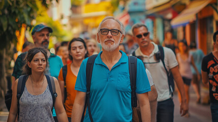 Fototapeta premium A group of ordinary people of mixed ages walk by looking around curiously as tourists in a new place