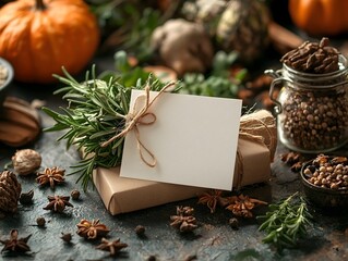 Thanksgiving recipe book with gift card and fresh herbs