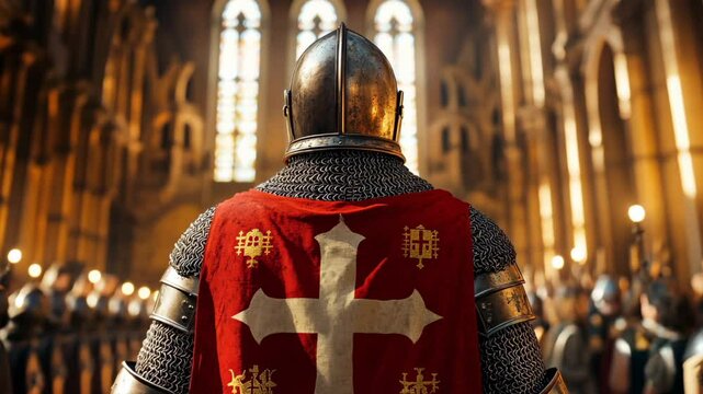 Knight in shining armor stands proud in a grand medieval cathedral during a ceremonial gathering
