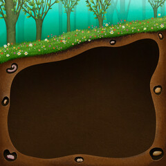 Fantasy fairy tale illustration background with underground cave and 
green summer forest.