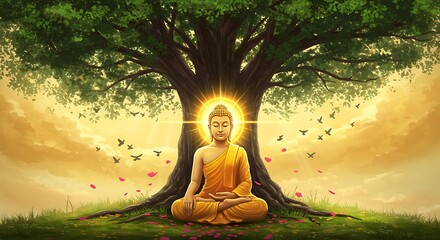 Buddha meditating under a serene tree, a symbol of peace and enlightenment.