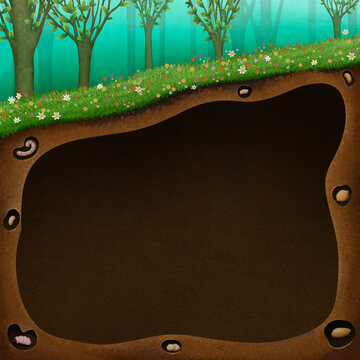 Fantasy fairy tale illustration background with underground cave and 
green summer forest.