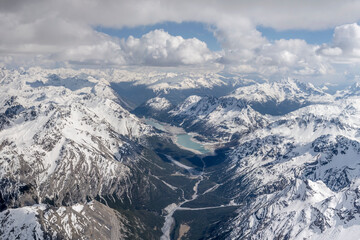 aerial landscape with San Giacomo and Cancano lakes in Valdidentro valley, Italy