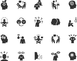 Vector set of mental health flat icons. Contains icons stress, depression, paranoia, bipolar, dementia, ptsd, eating disorders, multiple personalities, psychotherapy and more. Pixel perfect.