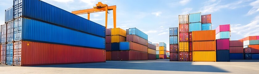 Colorful shipping containers stacked in a port yard.