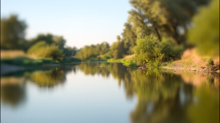Obraz premium River with calm water reflecting soft sunlight, simple natural scene, 