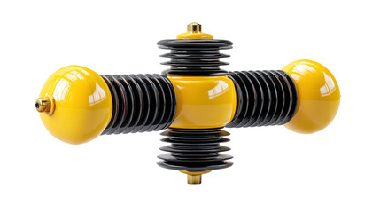 Yellow cross shaped device: A close-up studio shot presents an intriguing cross-shaped object with black ridged components and vibrant yellow orbs at its extremities.