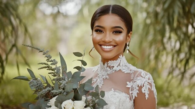 A smiling young woman bride holding a flower bouquet 