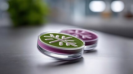 Science, Microbiology, Petri Dish. Green and Purple Bacterial Cultures in Laboratory.
