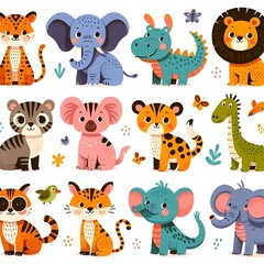 Fototapeta premium Vector Illustration of Cute Baby Animals – Collection of Happy and Playful Cartoon Creatures with Big Eyes and Smiling Faces, Perfect for Educational and Kid-Friendly Use