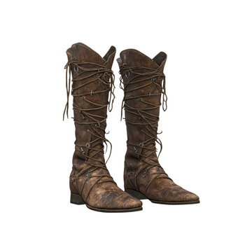 Pair of Vintage Leather Medieval Boots, Rustic Brown, Studio Shot