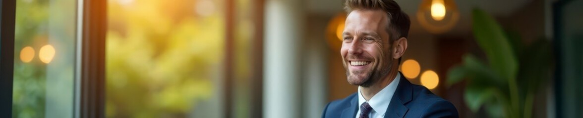 Confident advisor smiles, offering financial legal help, money, court