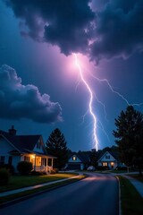 Dusk storm clouds, dramatic lightning illuminates quiet suburban home, contrast, photo