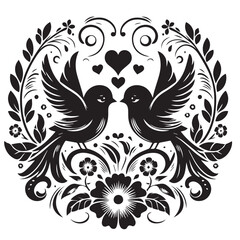 Romantic Black and White Illustration of Two Birds Surrounded by Flowers and Hearts