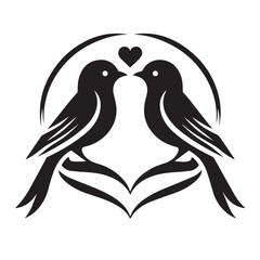 Romantic Black and White Illustration of Two Birds Sharing a Heart