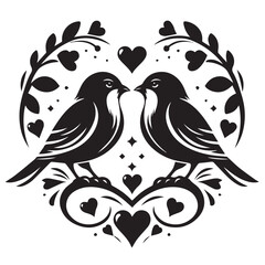 Two Birds in Love Heart Shaped Design Romantic Black and White Illustration