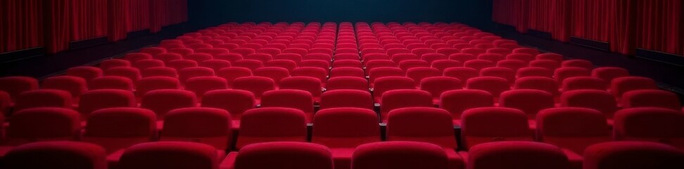 Rows of unoccupied red velvet theater seats, rich ambiance , movie theatre seats, dark