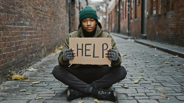A young black man sitting holding a sign in HELP