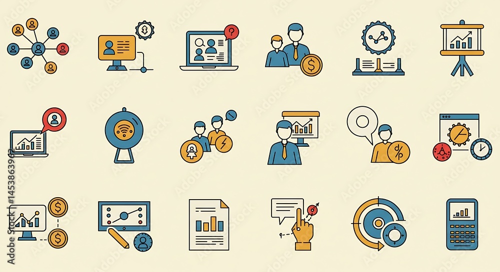 Fototapete a precise grid of ultra-smooth thin line art icons depicting business and technology concepts. each 