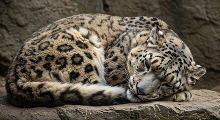 Obraz premium Majestic Snow Leopard Resting on Rocky Outcrop
