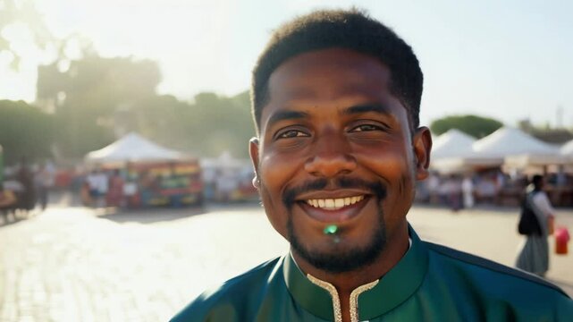 The camera slowly zooms in as a young nigerian man in agbada walks confidently, facing the camera, in a brightly sunlit outdoor market square