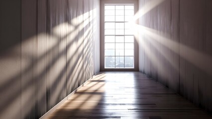 Obraz premium Sunlight streams through a large window, casting dramatic shadows across a narrow, empty hallway with wooden floors.