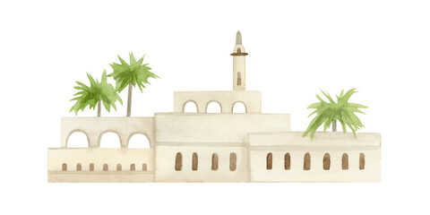 Mediterranean old stone houses with palm trees and arches watercolor illustration isolated on white. Oriental scene with beige city quarter in Arabic style. Romanian Europe ancient architecture