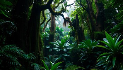 Dense Tropical Rainforest with Towering Trees and Hanging Vines