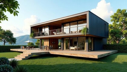Contemporary modular home with metal cladding Expansive balcony, clean design , balcony, energy efficient, cladding