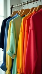 Obraz premium Flowing silk blouses, vibrant colors, displayed on hangers, wardrobe, shirts