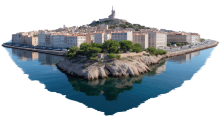 Marseille's Majestic Skyline: An aerial view of Marseille, France, showcasing the iconic Notre-Dame de la Garde basilica on the hilltop, surrounded by charming architecture.