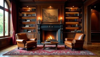 Rich mahogany shelves, leather armchairs, grand fireplace, elegant, reading room, books