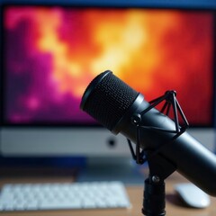 Studio microphone close-up, home recording setup, gear, condenser microphone, headphones