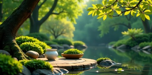 Tranquil garden, tea ceremony setting Calm, zen atmosphere , simple, stock photo, reflection