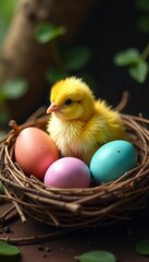 Tiny chick nestled amongst colorful eggs in a rustic bird's nest, holiday, delicate, rustic