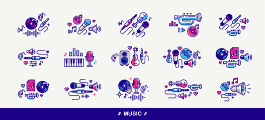 Music and recording studio vector detailed icons set, sound producing and audio engineering bundle, playing instruments.