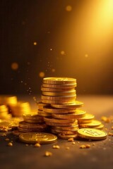 Tower of gold coins, soft glow, opulent backdrop , shiny, tower